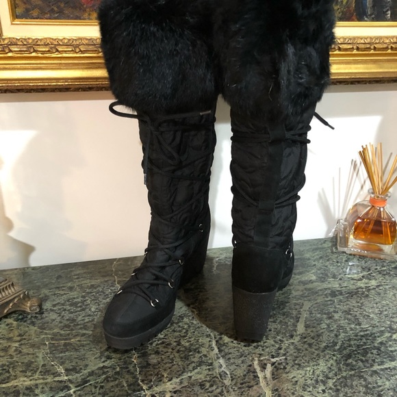 COACH SOFIE Rabbit Fur Trim Monogram, Knee High Platform Snow Boots, Black, Sz 8 - Picture 7 of 8